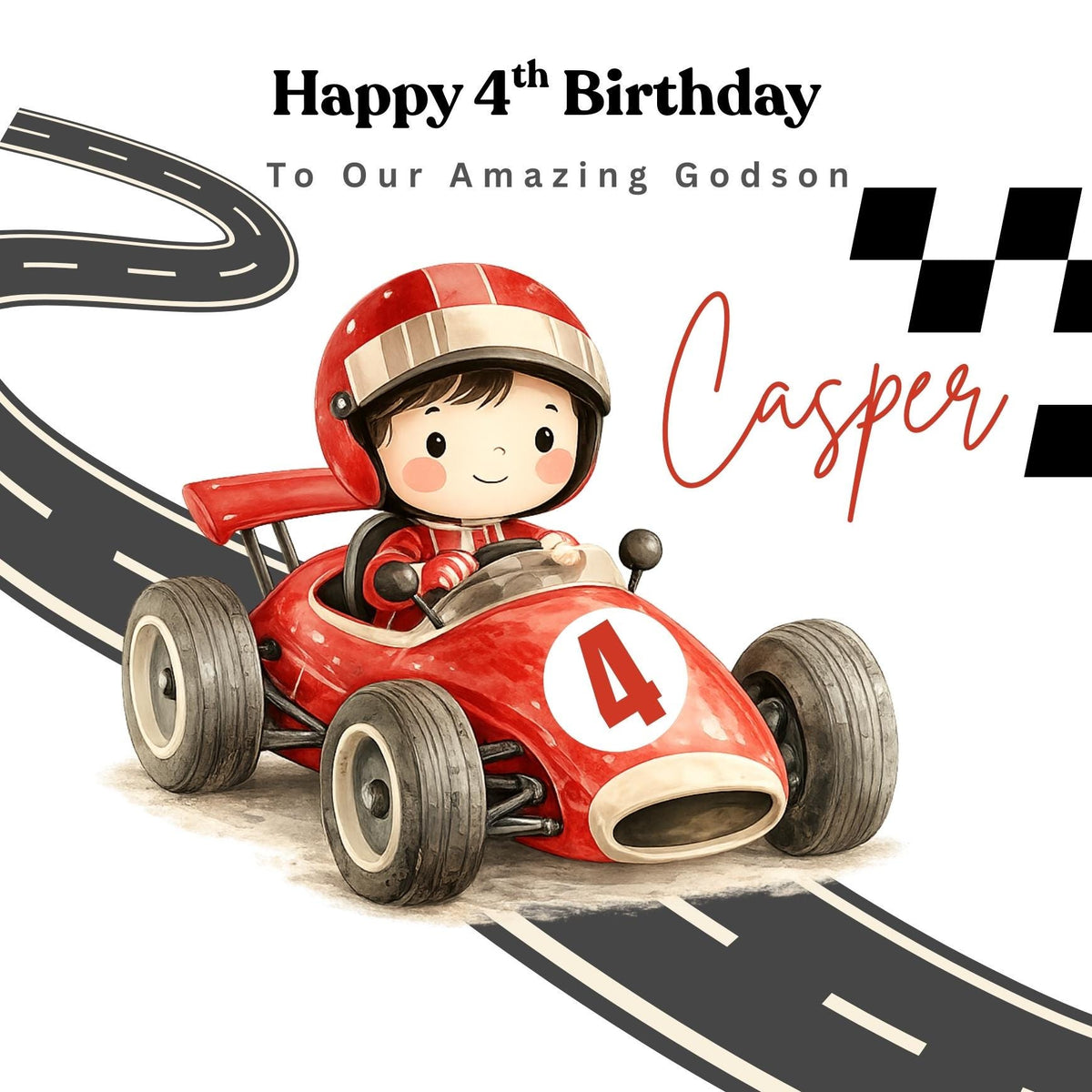 Hot Wheels Car Birthday Card For Son 4 Years, Custom Name Boys Racing Cards