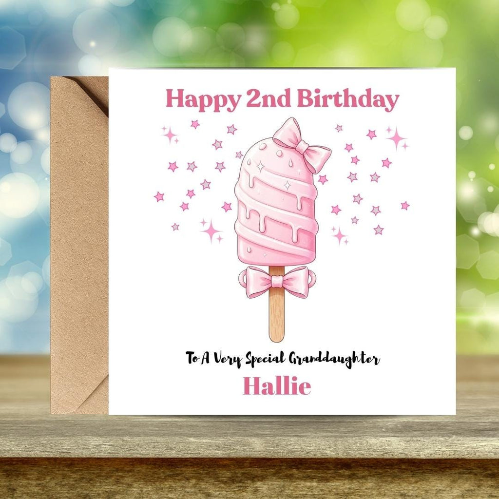 Personalized 2nd birthday card for daughter granddaughter with Pink Ice Cream design