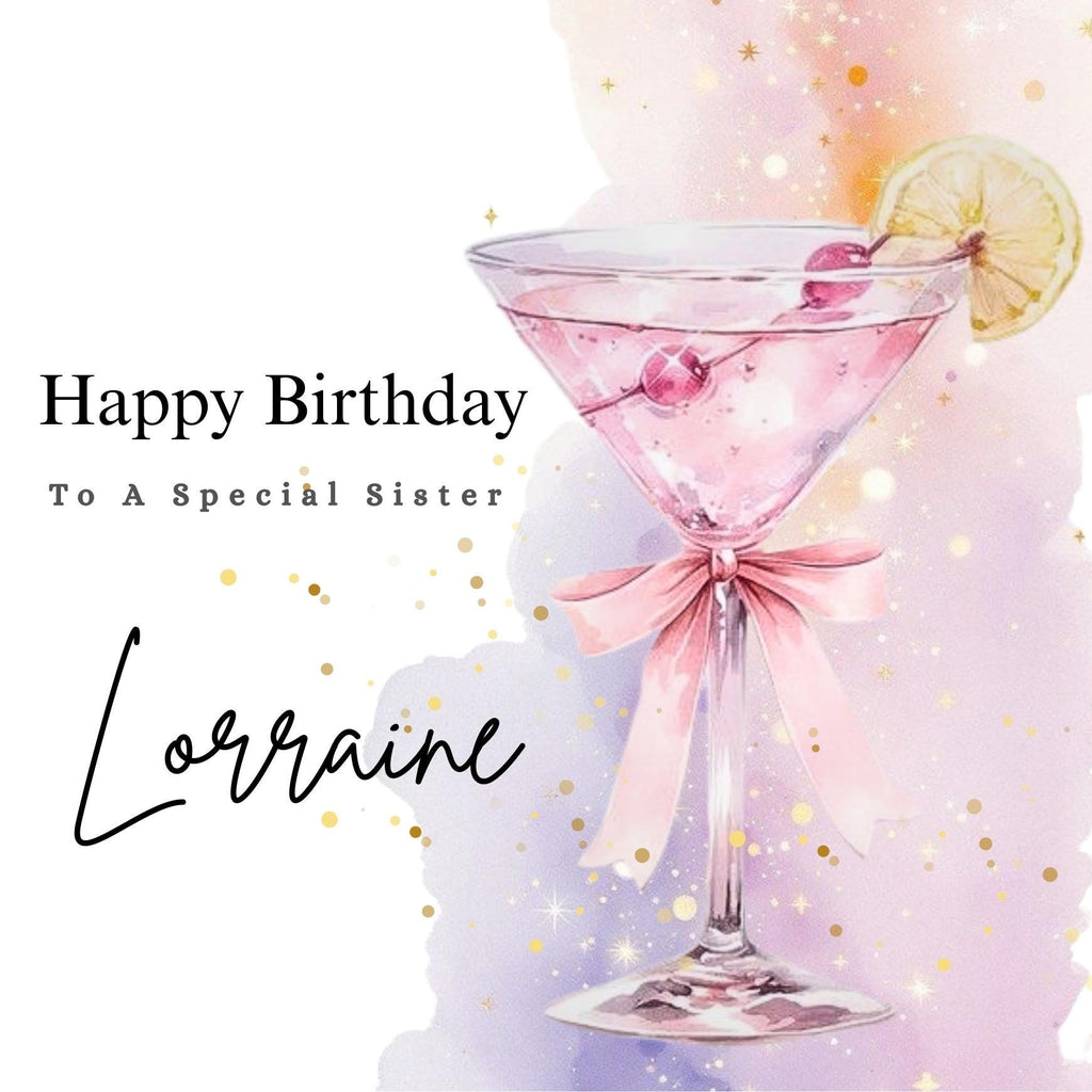 Personalized Cocktail Glass Birthday Card – Custom Name Card For Sister, Mum, Friend, Cousin, Female
