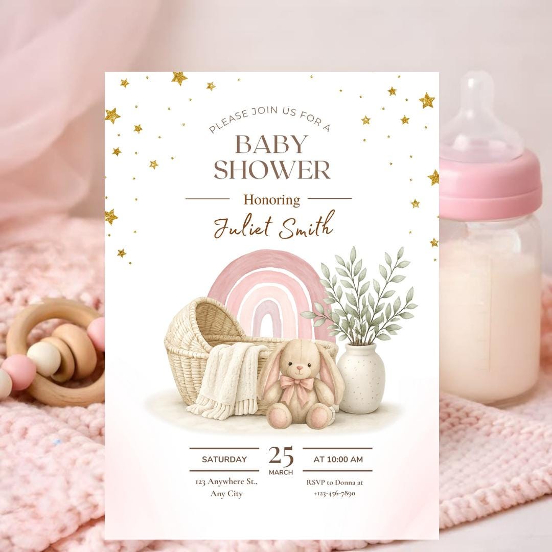 Boho Baby Shower Invitation, Rainbow Bunny Canva Template (Digital Download)