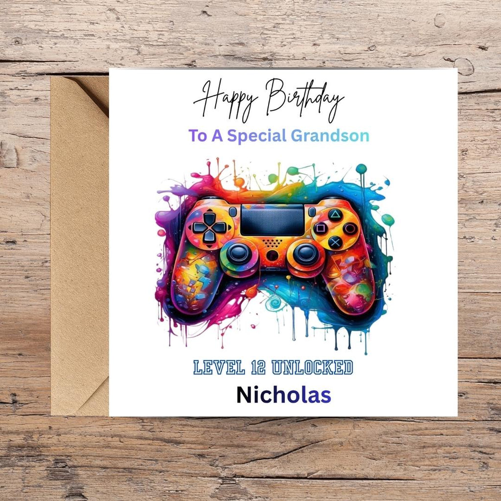 Personalized Gaming 12th Birthday Card For Grandson, Custom Name Teen Boy Gamer Birthday Gift