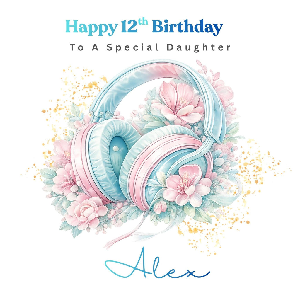 Personalized 12th Birthday Card, Music Lover Headphones, Custom Name Card For Daughter