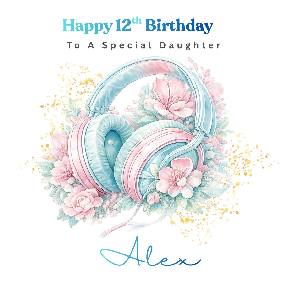Personalized 12th Birthday Card, Music Lover Headphones, Custom Name Card For Daughter