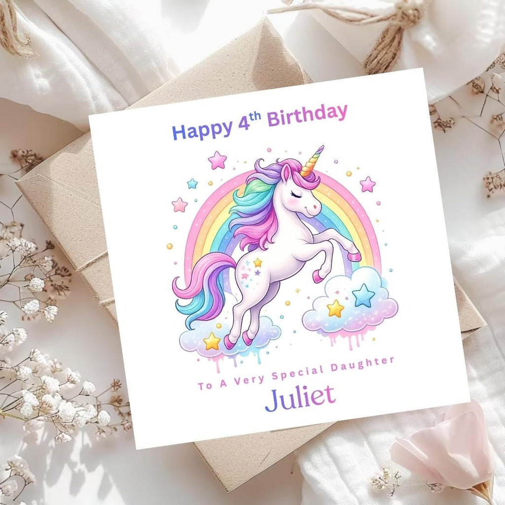 Personalised Unicorn 4th Birthday Card for Daughter, Rainbow Unicorn Custom Name Age 4 Cards