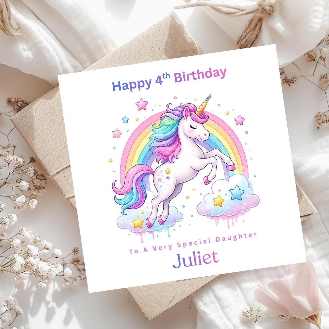 Personalised Unicorn 4th Birthday Card for Daughter, Rainbow Unicorn Custom Name Age 4 Cards