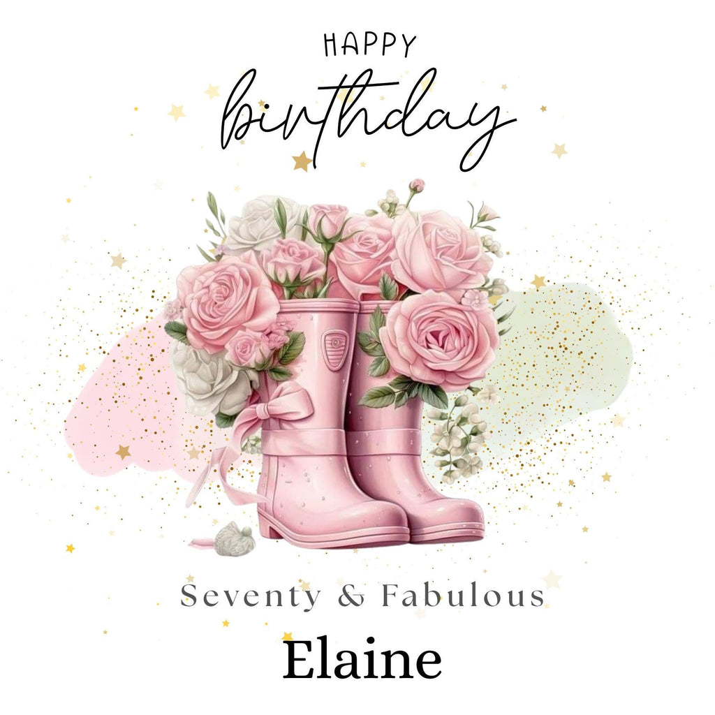 Personalized 70th Birthday Card, Gardener Pink Wellies Floral Rose Design Keepsake Milestone