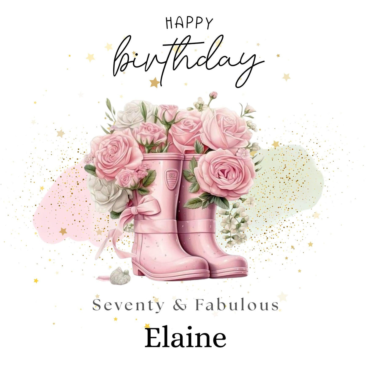 Personalized 70th Birthday Card, Gardener Pink Wellies Floral Rose Design Keepsake Milestone
