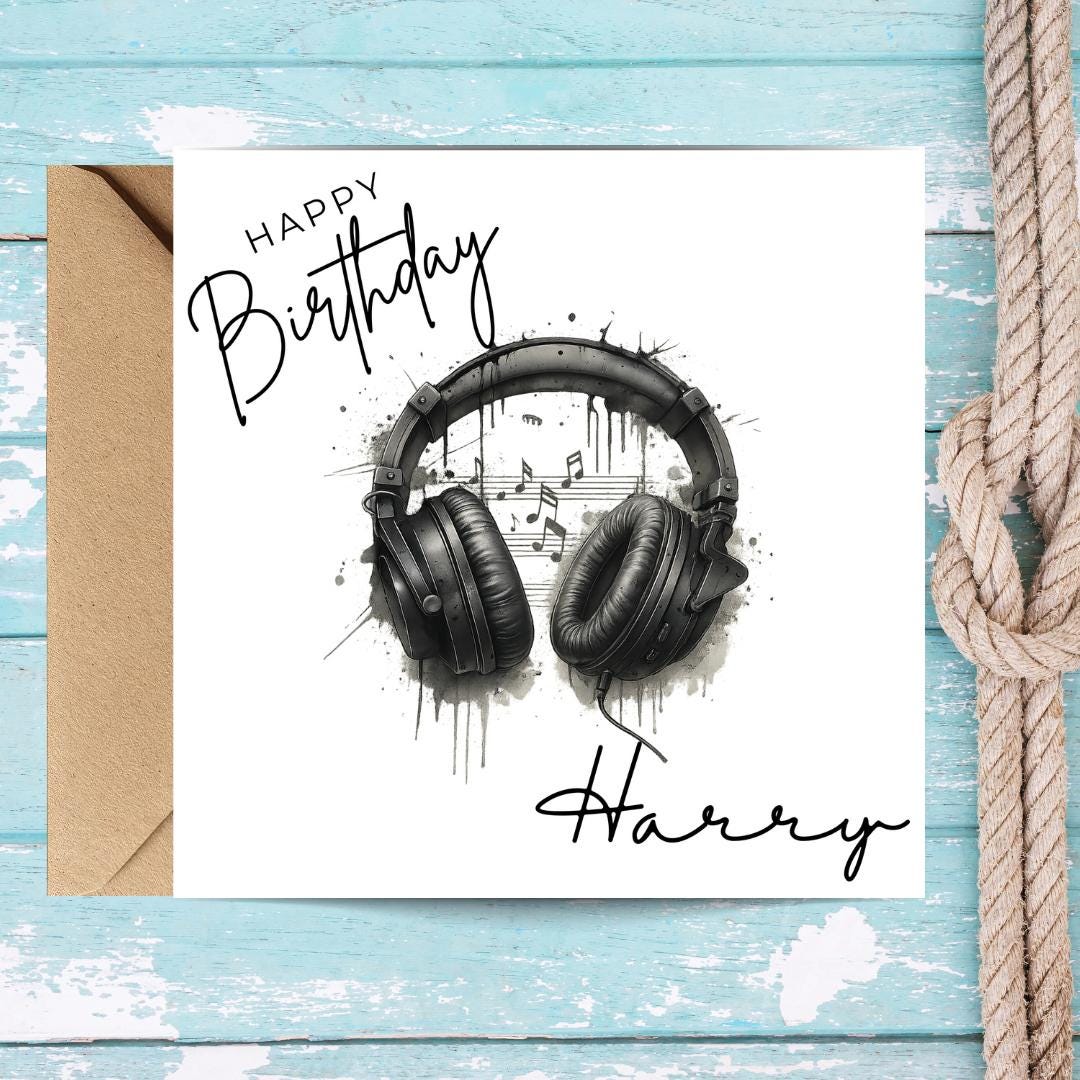 Personalized Music Lover DJ Birthday Card, Vinyl Headphones Custom Name, Unisex Teen Birthday Cards
