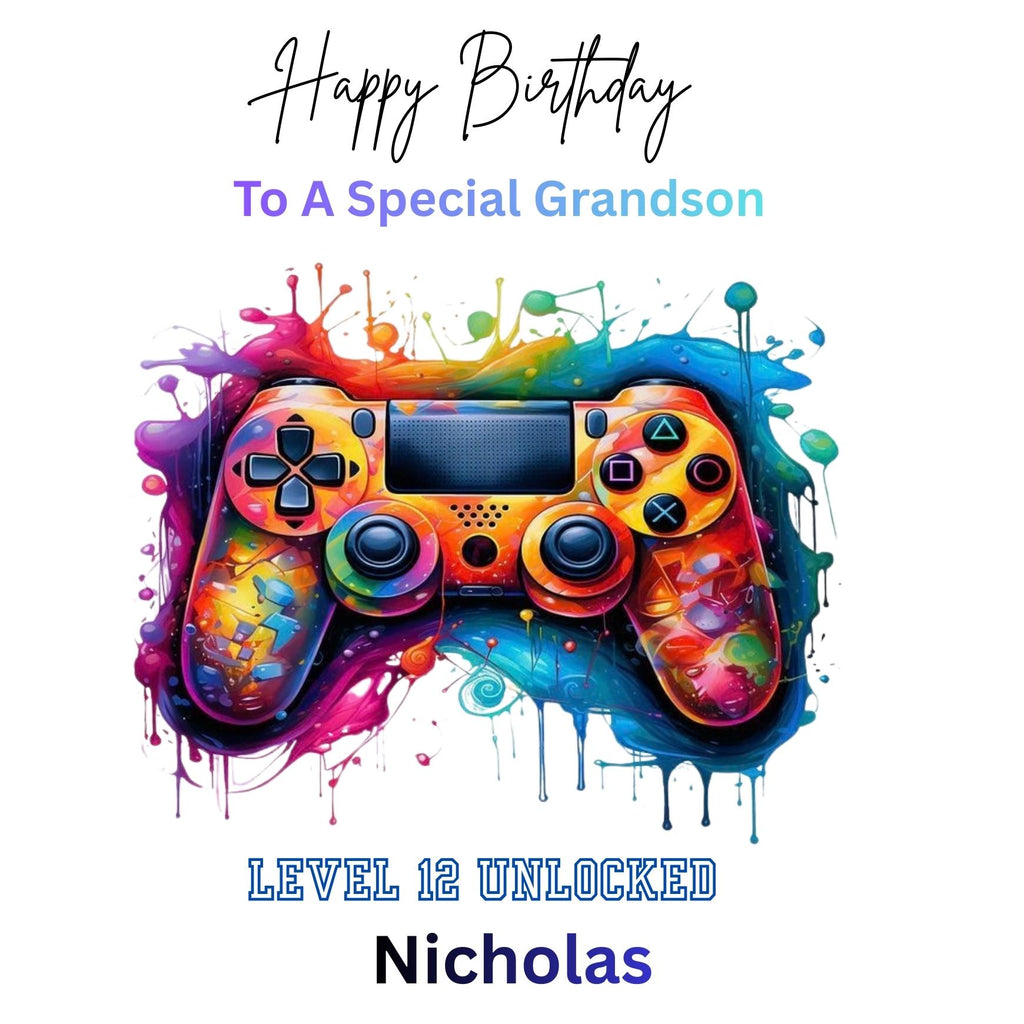 Personalized Gaming 12th Birthday Card For Grandson, Custom Name Teen Boy Gamer Birthday Gift