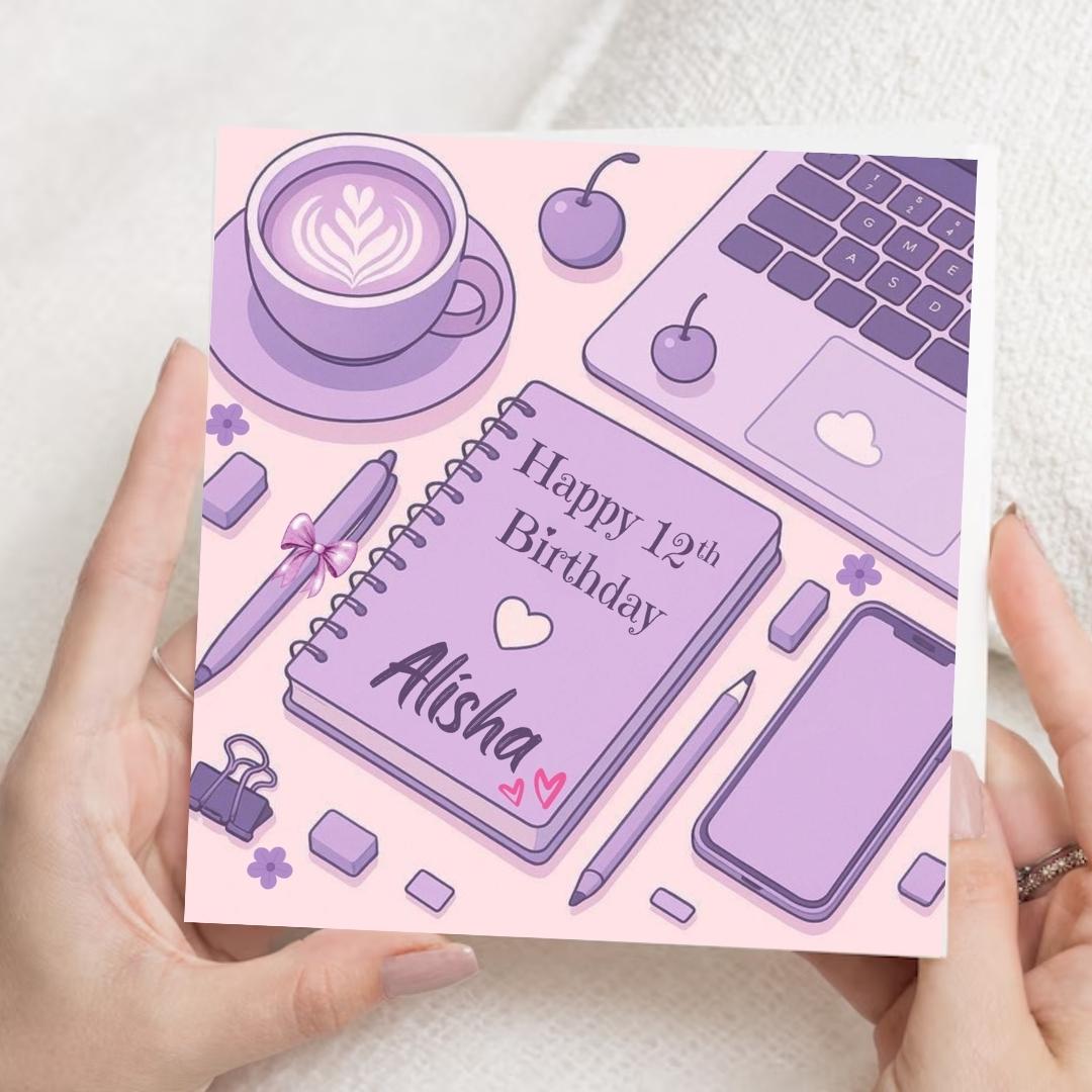 Personalized 12th Birthday Card, Girly Purple, Daughter Sister Granddaughter