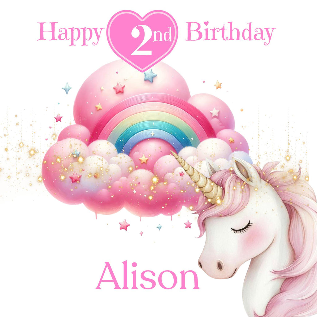 Personalized Unicorn 2nd Birthday Card For granddaughter, niece, daughter - cloud rainbow magical themed