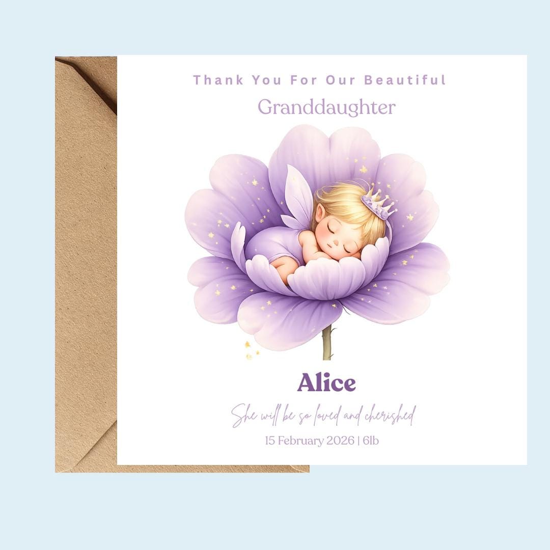 Personalized Granddaughter Card, Baby Girl Welcome, Purple Flower Design