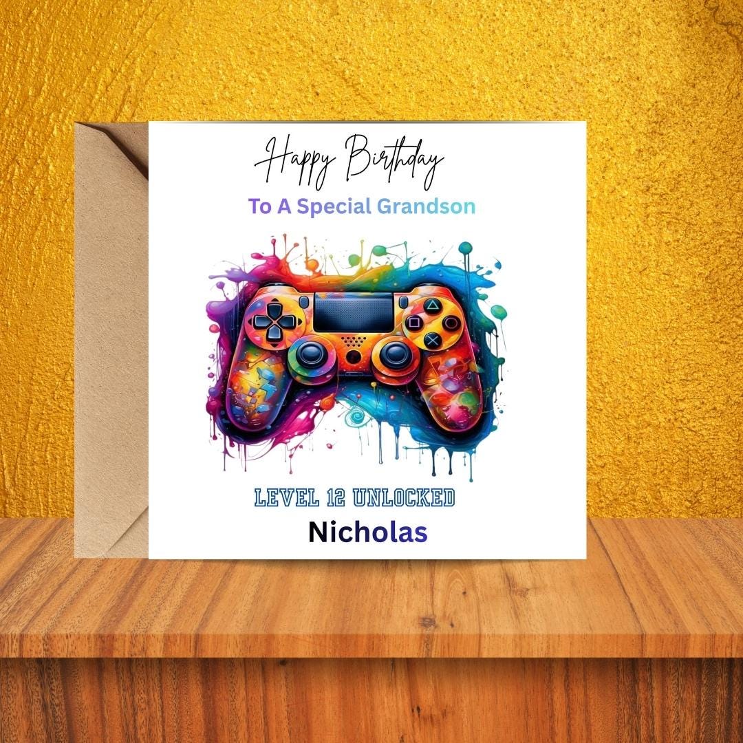 Personalized Gaming 12th Birthday Card For Grandson, Custom Name Teen Boy Gamer Birthday Gift