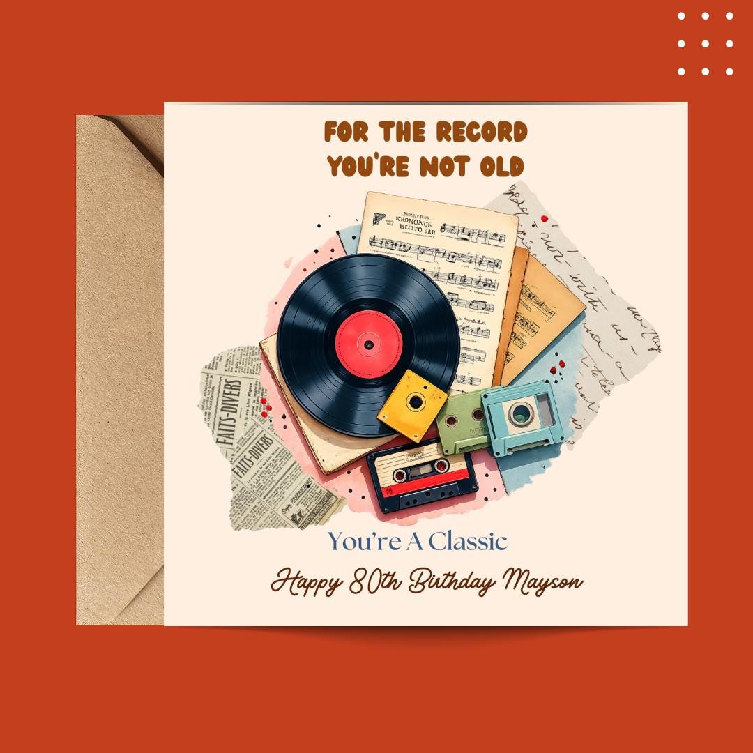 Funny 80th Birthday Card For Dad, Grandpa, Uncle, Husband - Vintage Record Player Humour Cards