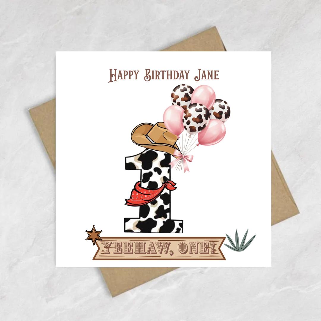 Personalised cowgirl happy 1st birthday card, First Rodeo Themed Card For Daughter Granddaughter Niece