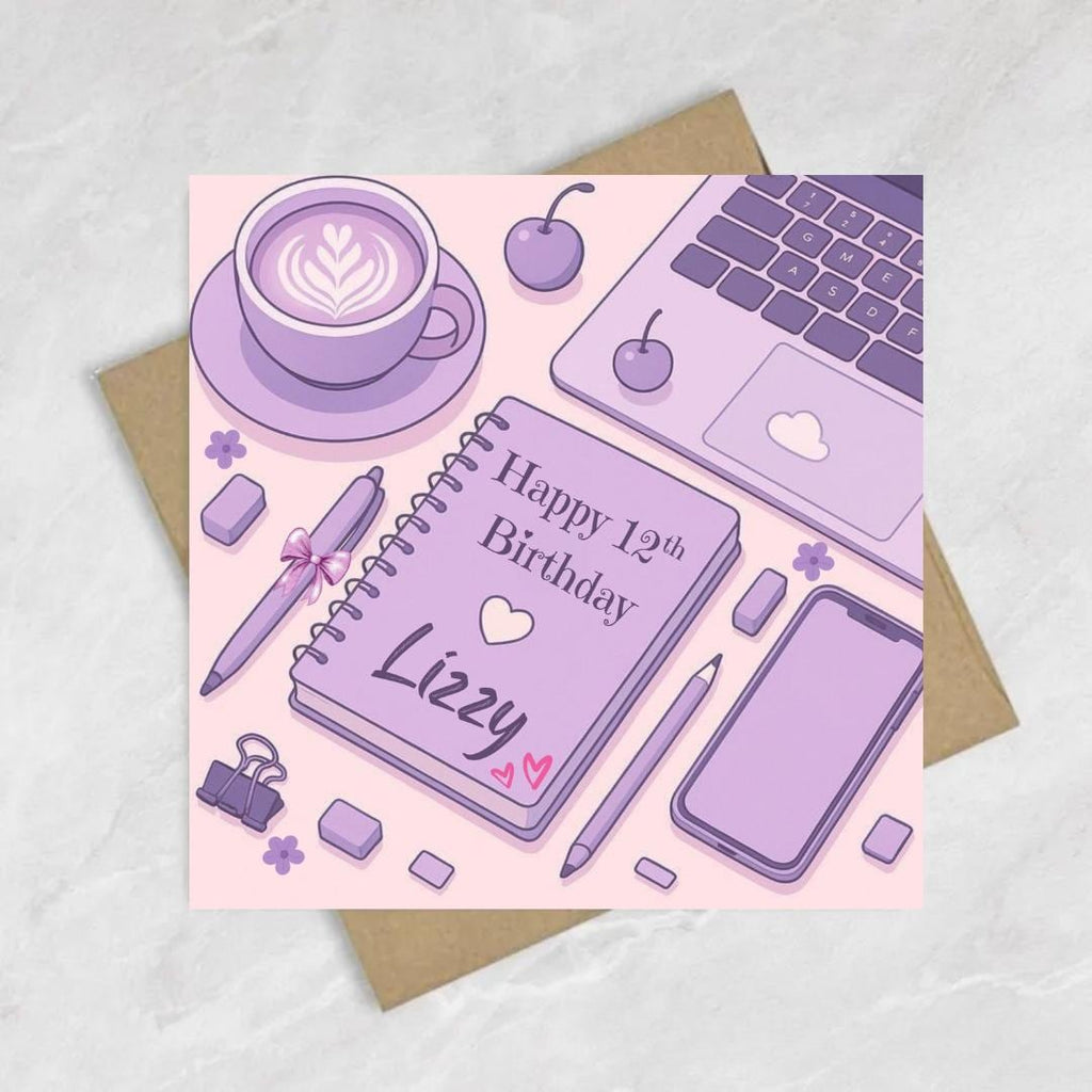 Personalized 12th Birthday Card, Girly Purple, Daughter Sister Granddaughter