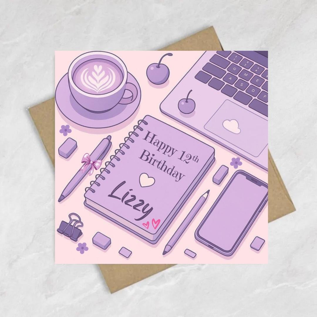 Personalized 12th Birthday Card, Girly Purple, Daughter Sister Granddaughter