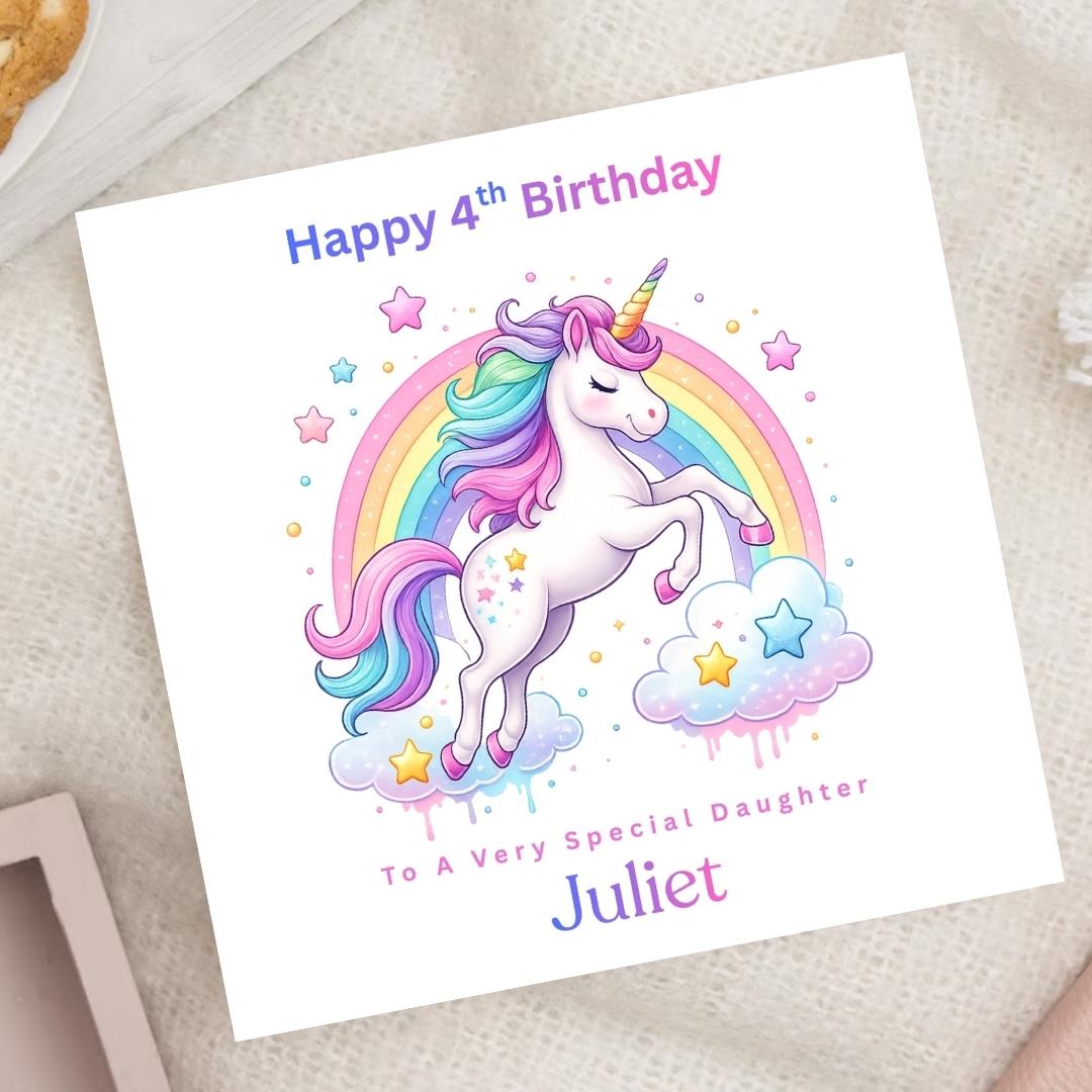Personalised Unicorn 4th Birthday Card for Daughter, Rainbow Unicorn Custom Name Age 4 Cards