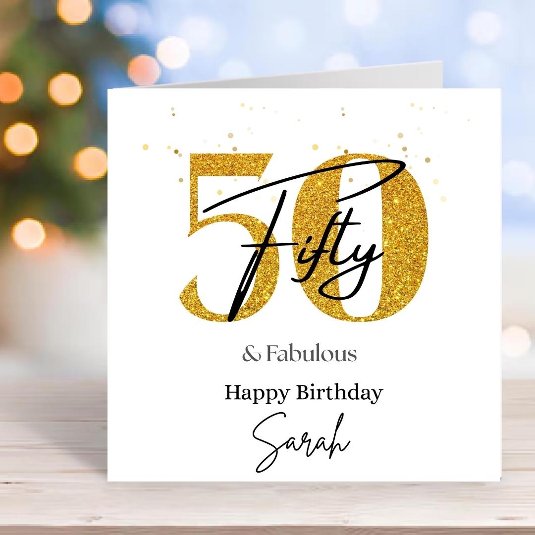 Personalized 50th Birthday Card, Gold Glitter Fifty, Keepsake Milestone