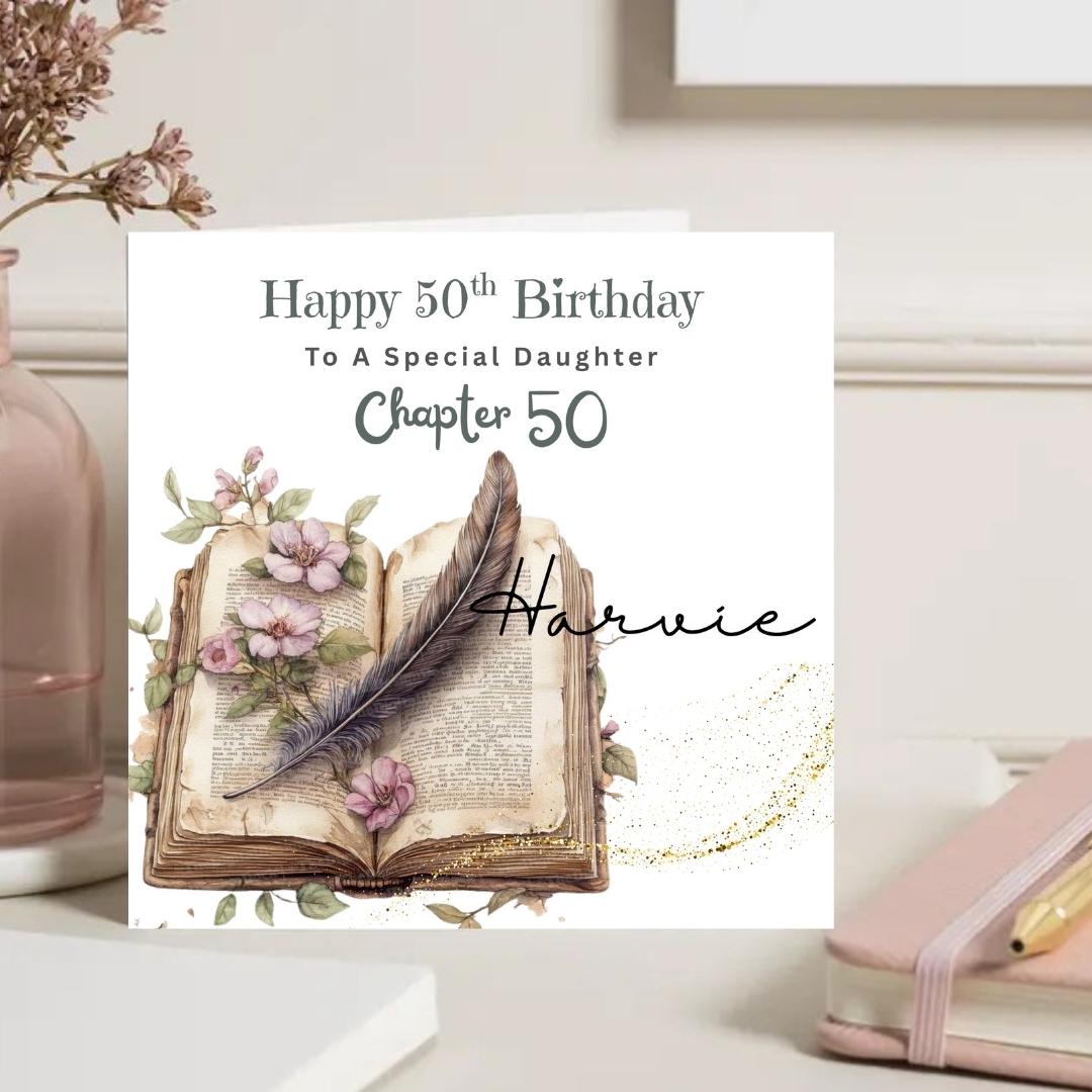 Personalized 50th Birthday Card, Daughter Chapter 50 Open Book Floral Design