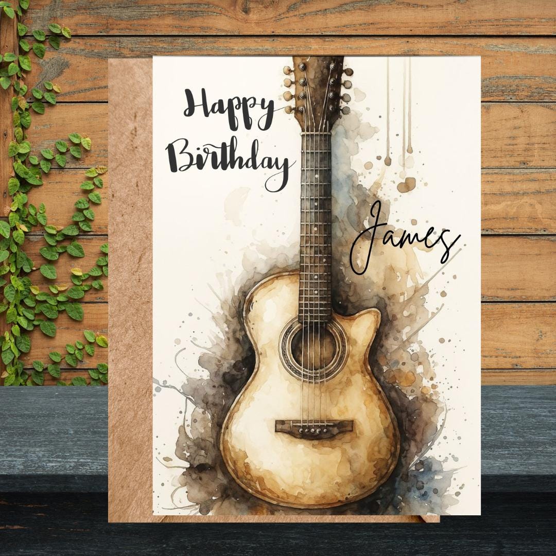 Music Birthday Card, Personalised Name Guitar Design Card for Brother, Friend, Son, Grandson