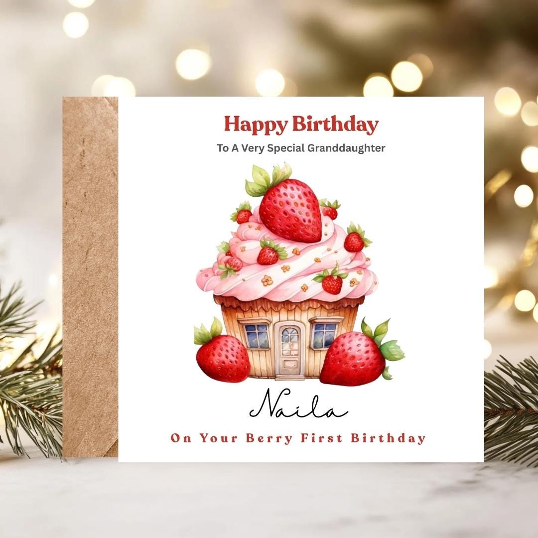 Personalized Berry 1st Birthday Card For Granddaughter, Daughter First Birthday Cards, Strawberry Number One