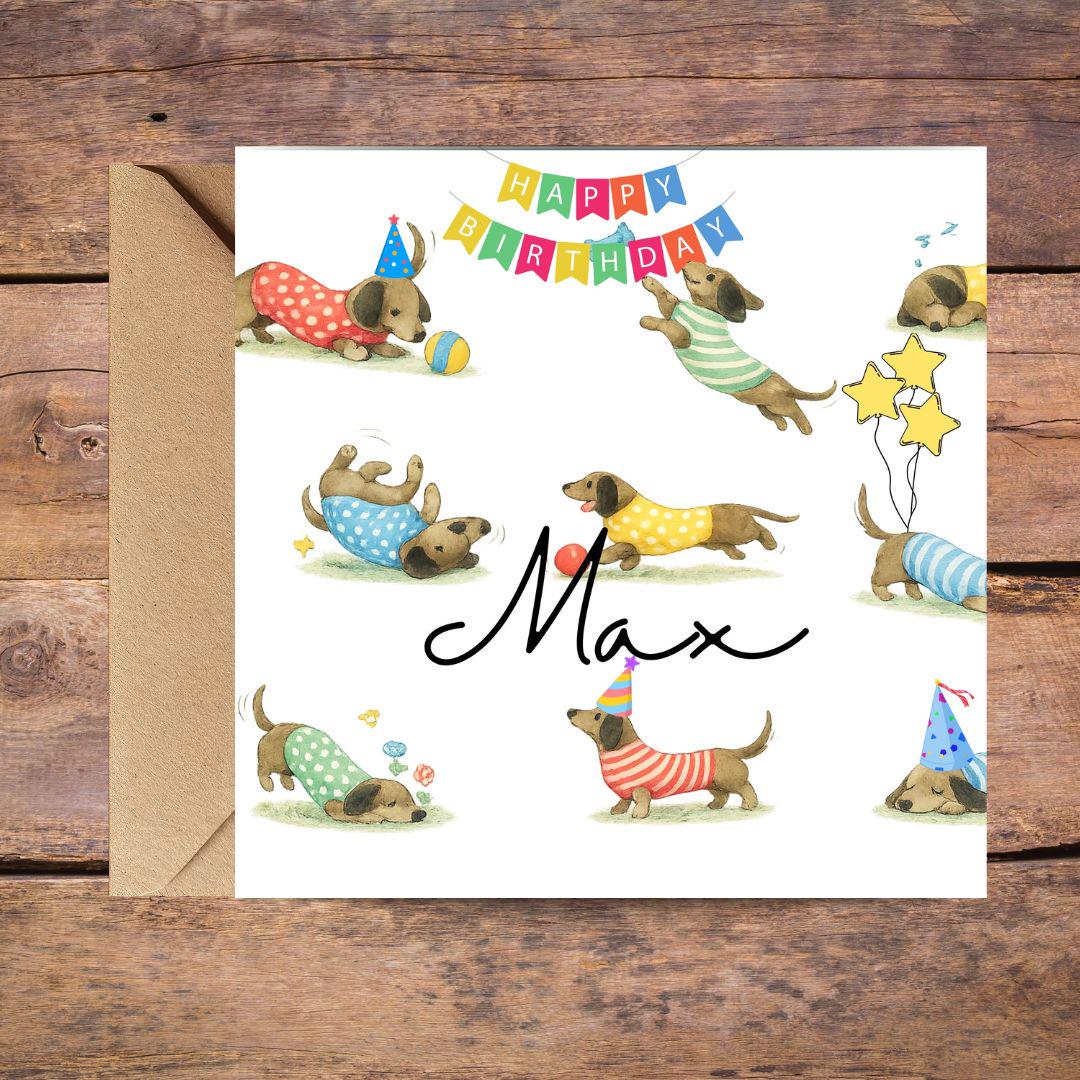 Personalized Sausage Dog Dachshund Birthday Card, Watercolor Wiener Dog Card With Custom Name