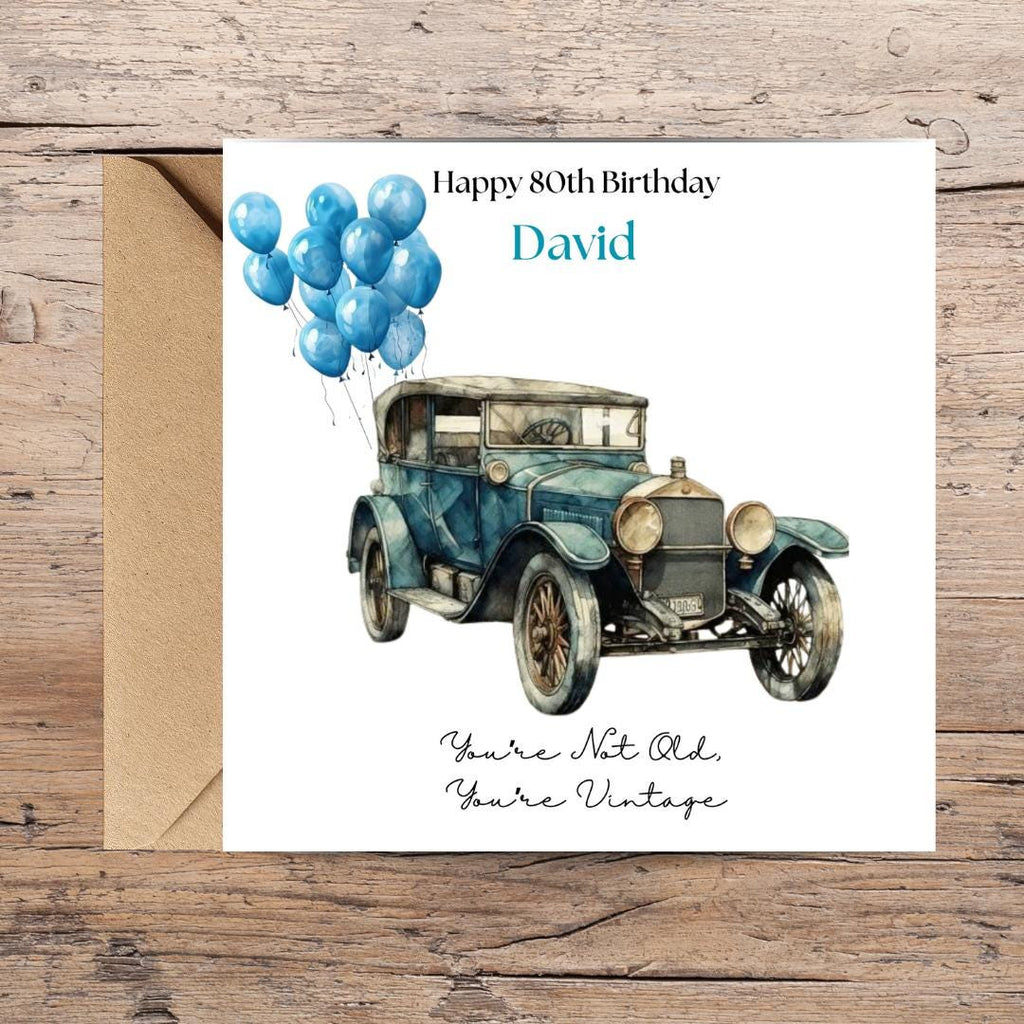 Personalized 80th Birthday Card, Vintage Car Humor Greeting for Men