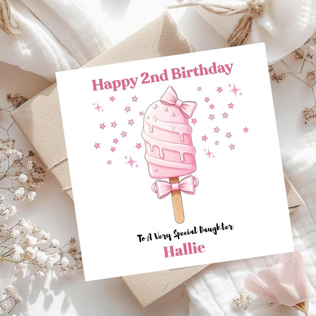 Personalized 2nd birthday card for daughter granddaughter with Pink Ice Cream design