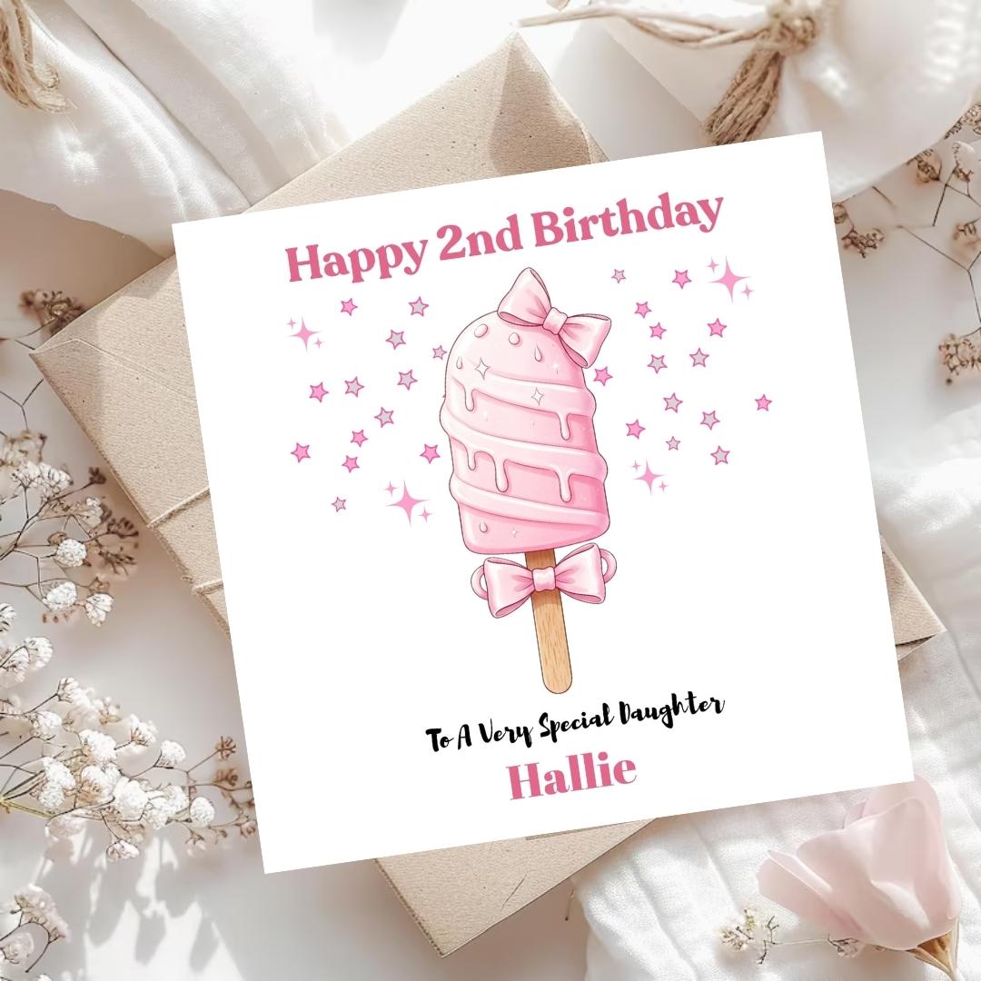 Personalized 2nd birthday card for daughter granddaughter with Pink Ice Cream design