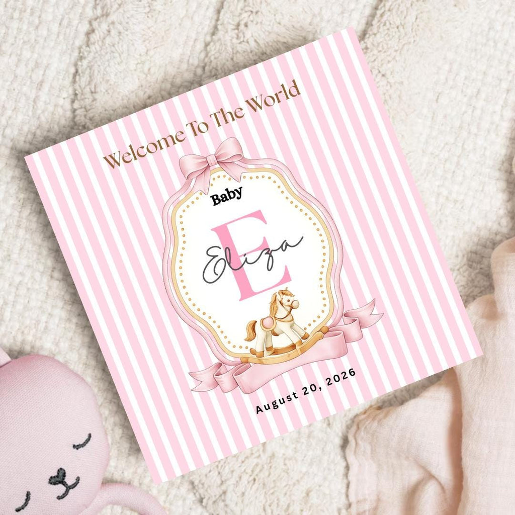 Personalised Baby Girl Welcome Card, Custom Name Initial, New born Congratulations