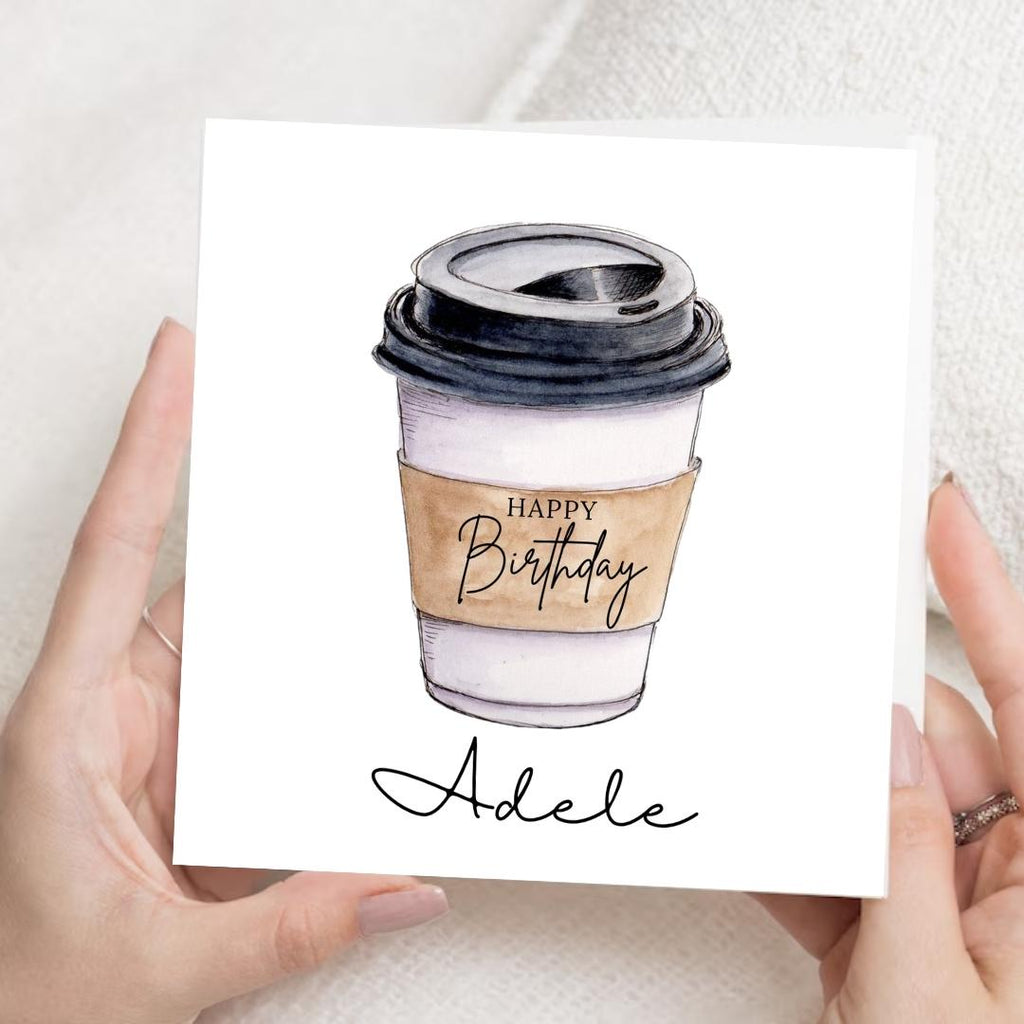 Personalised Minimalist Coffee Cup Birthday Card, Custom Name Unisex Design For Coffee Lovers