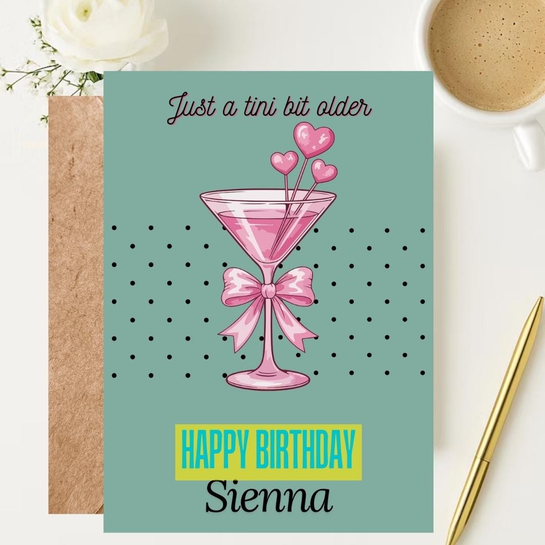 Personalized Martini Birthday Card For Her, Custom Name Stylish Cocktail Birthdays