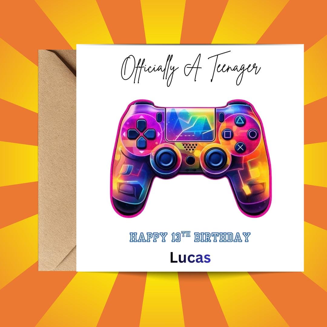 Gaming 13th Birthday Card Personalised, Officially A Teenager Gamer Cards, Custom Name Teen Boy Birthday
