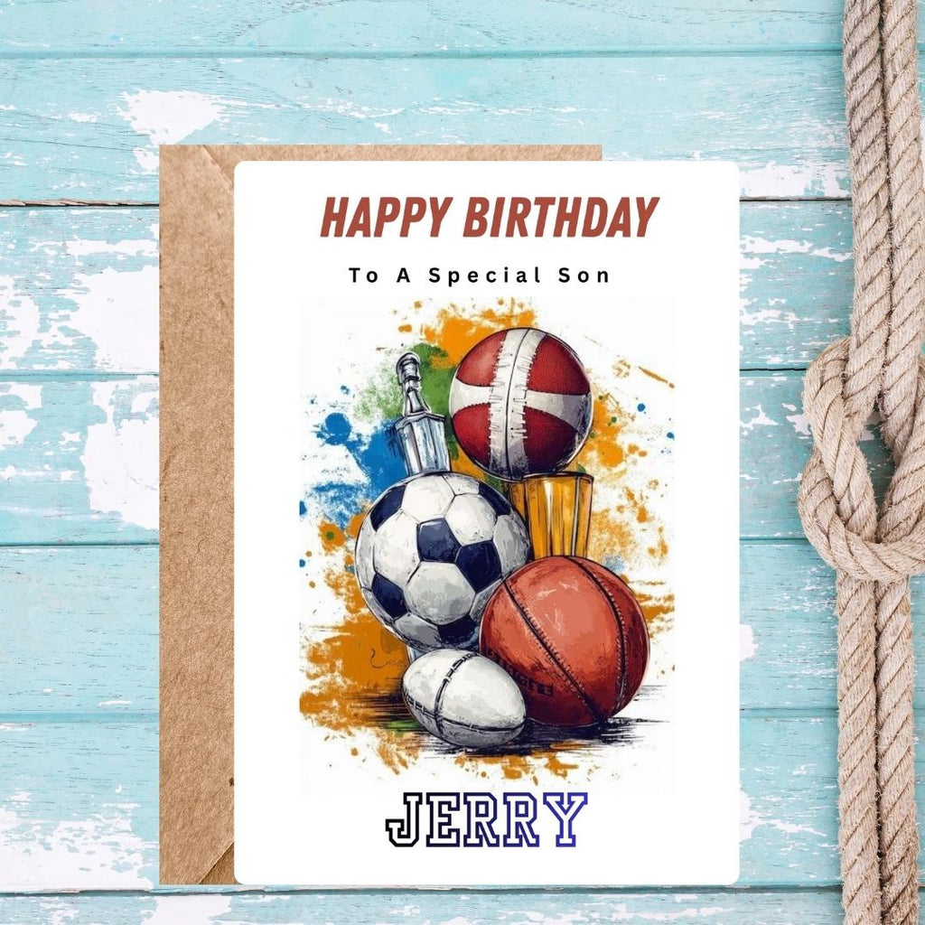 Personalized Sports Birthday Card – Custom Name, Trophy, Basketball, Soccer, Rugby (For Boys)
