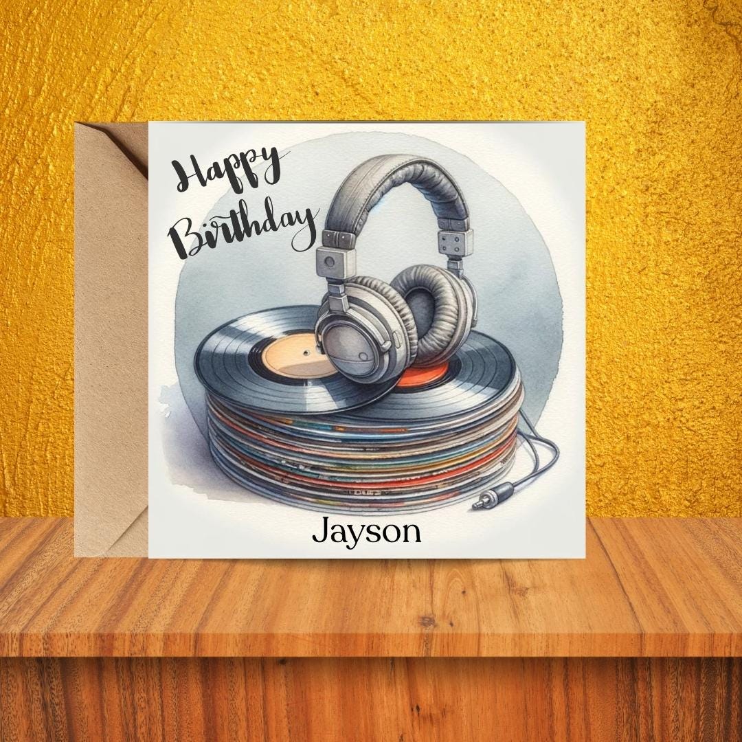 Personalized Music Lover Birthday Card, Vinyl Record & Headphones Design Custom Name, Teen Birthday Cards