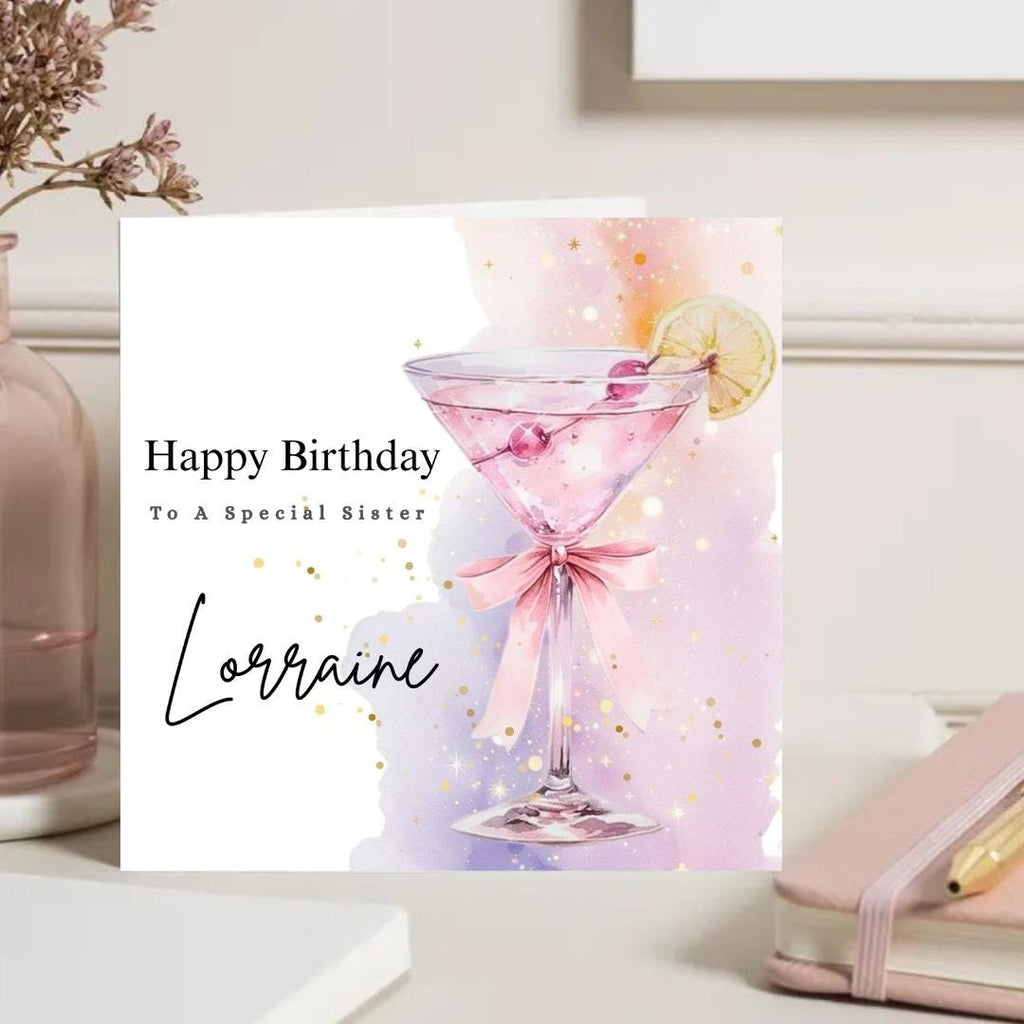 Personalized Cocktail Glass Birthday Card – Custom Name Card For Sister, Mum, Friend, Cousin, Female