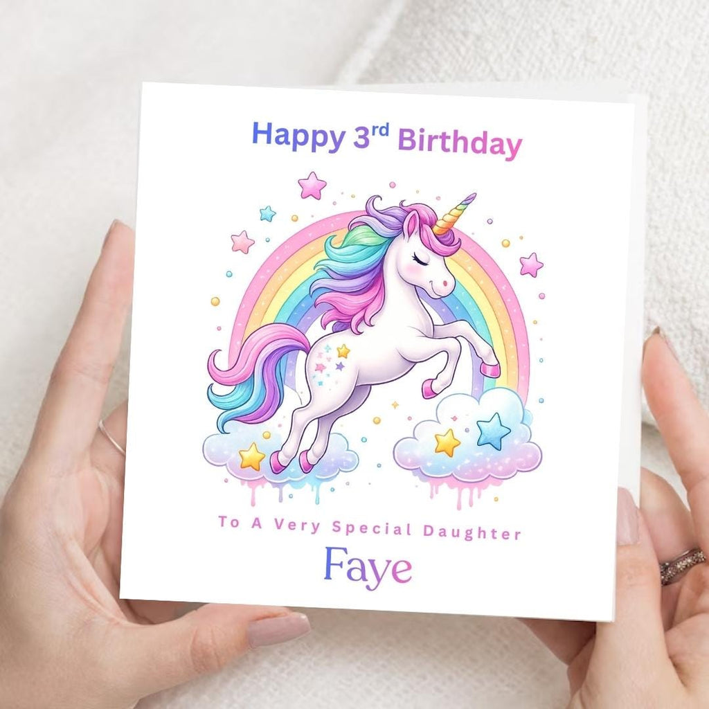 Personalised Unicorn 3rd Birthday Card for Daughter, Rainbow Unicorn Custom Name Age 3 Cards