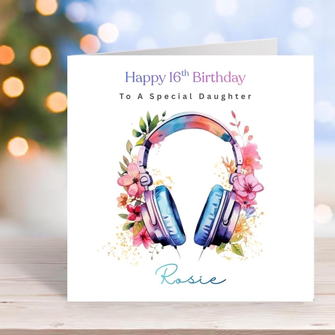 Personalized 16th Birthday Card, Music Lover Headphones, Custom Name Cards For Daughter