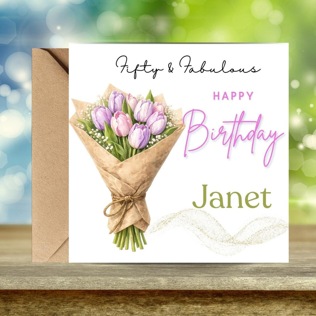 Personalized 50th Birthday Card, Tulip Floral Design Birthday Greetings For Her