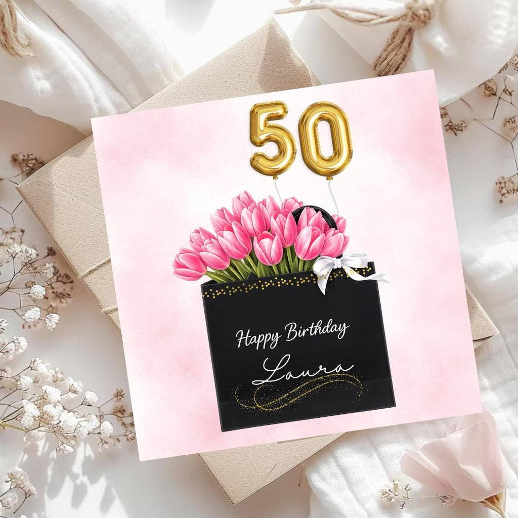 Personalized 50th Birthday Card For Her, Floral Pink Tulips Elegant Fashion Gift Bag Greeting For Her