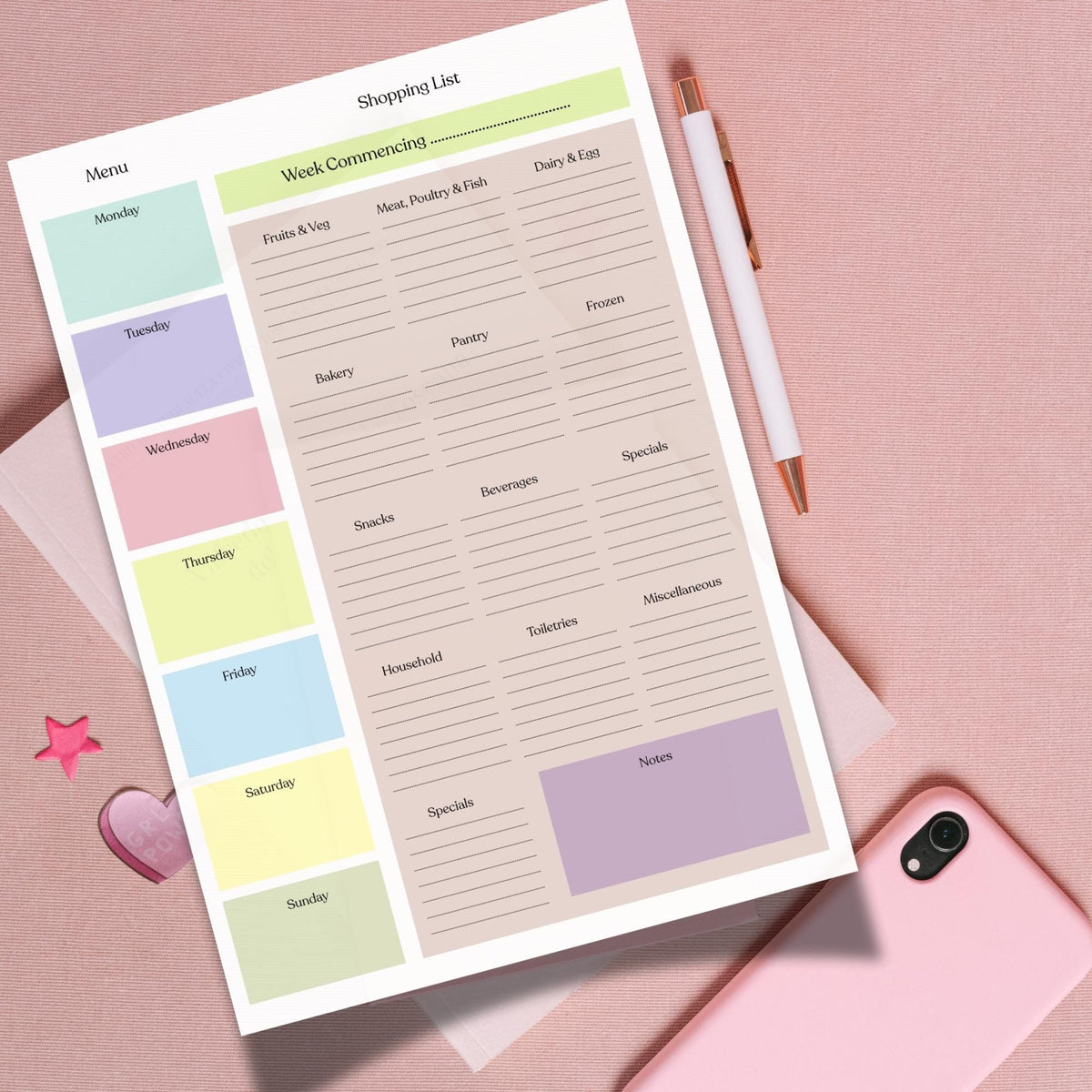 A4 Grocery Shopping List Pad, Weekly Meal Planner, Pastel Design, 50 Tear-Off Sheets