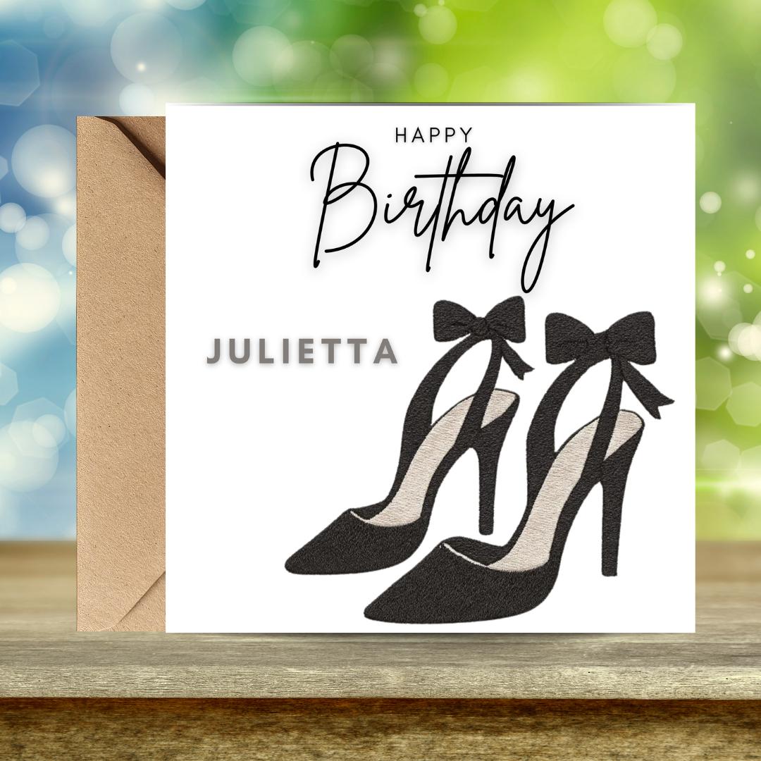 Personalised Birthday Card for Her Custom Name, Elegant Luxury High Heel Black Bow Shoes