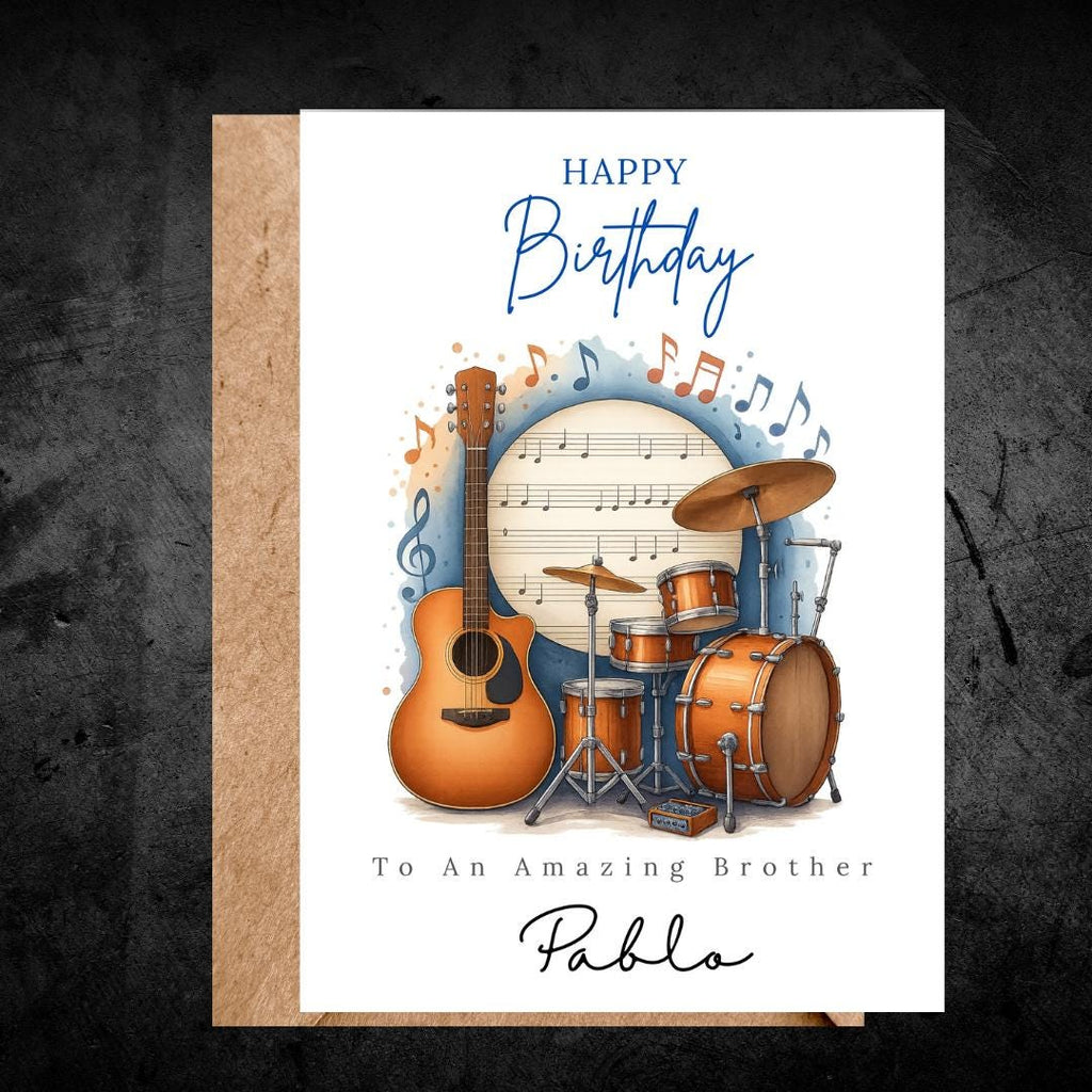 Personalized Music Birthday Card, Guitar & Drums Design Custom Name Card for Brother, Friend, Son
