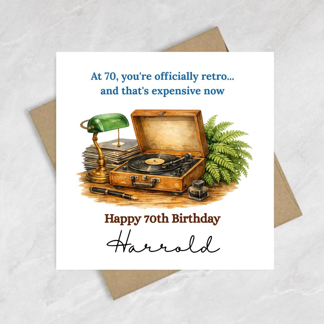 Funny 70th Birthday Card for Wife, Personalised Retro Vinyl Record Birthday Card For Husband