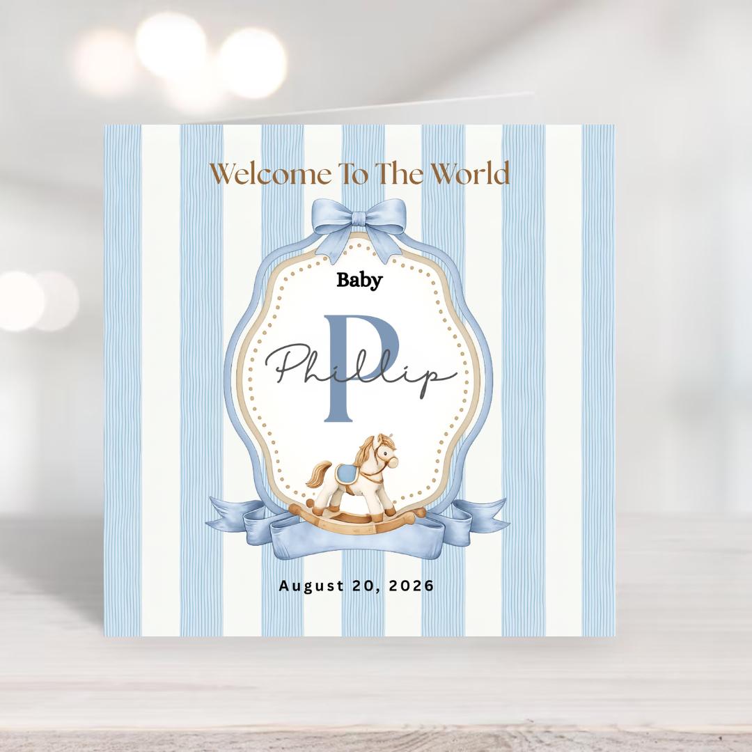Personalised Baby Boy Welcome Card, Custom Name Initial, Newborn Congratulations
