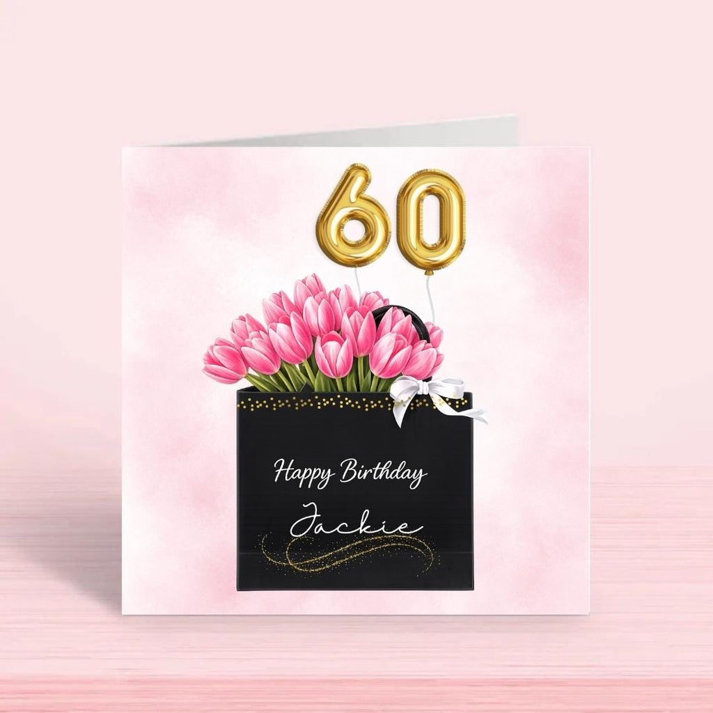 Personalized 60th Birthday Card For Her, Floral Pink Tulips Elegant Fashion Gift Bag Greeting For Her