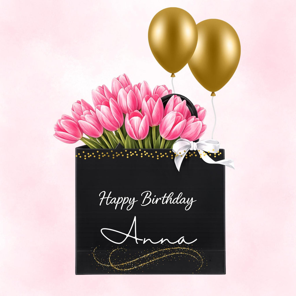 Personalized Floral Pink Tulips Birthday Card, Elegant Minimalist Fashion Gift Bag Greeting For Her
