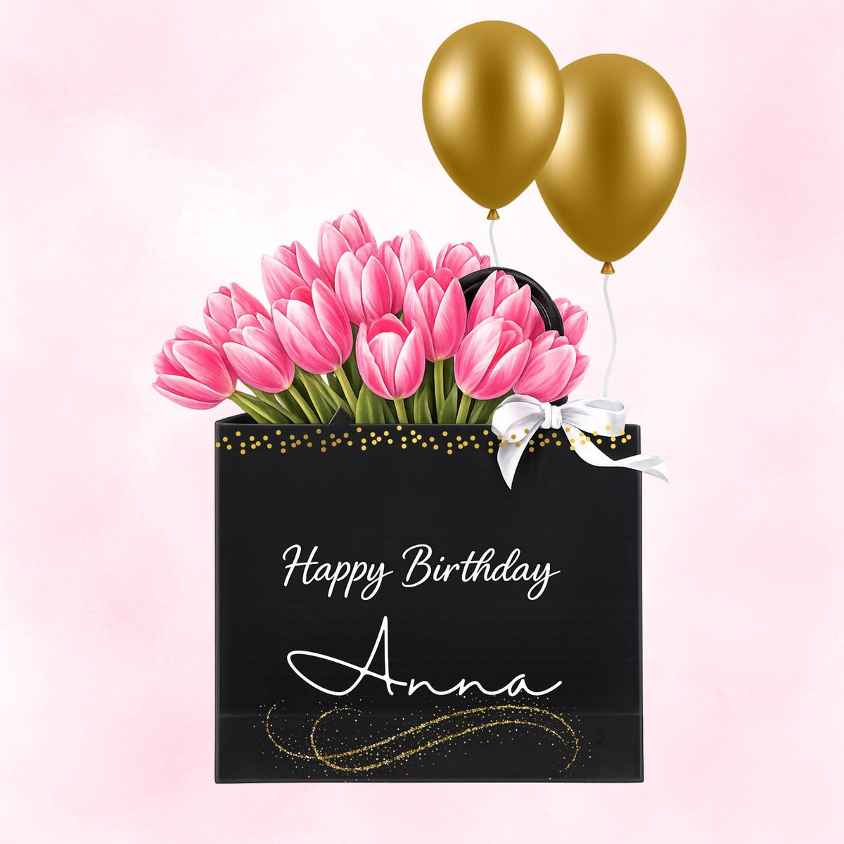 Personalized Floral Pink Tulips Birthday Card, Elegant Minimalist Fashion Gift Bag Greeting For Her