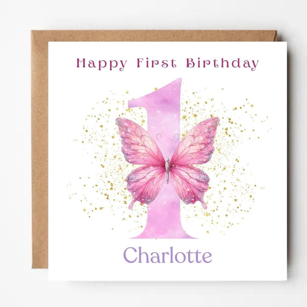 Personalized Baby Girl 1st Birthday Card, Big Number One Pink Butterfly Design